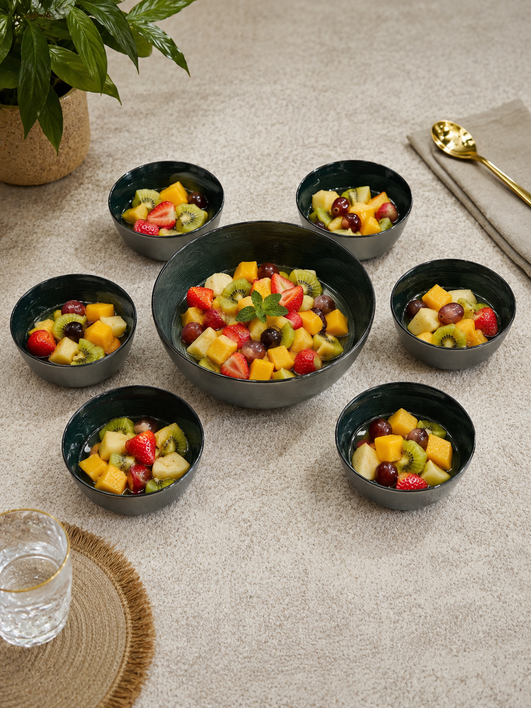 Service à salade – Grand saladier + 6 bols assortis