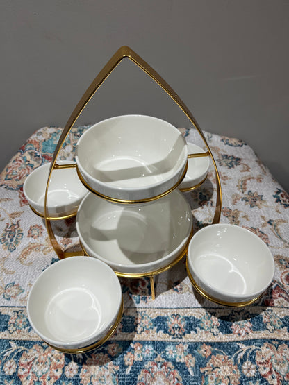 ✨ Plateau de Service Élégant avec 7 Bols   – Support Doré Luxe