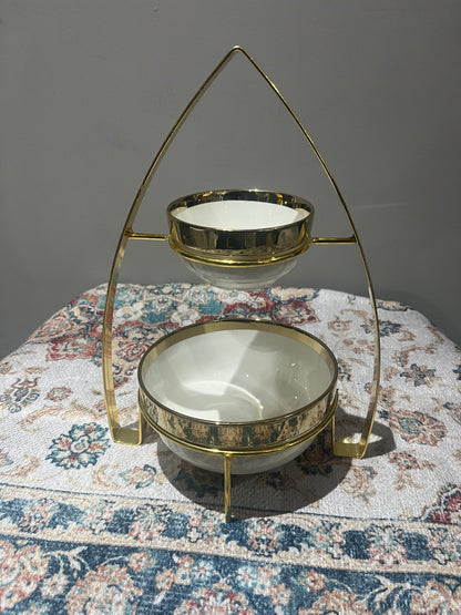 Présentoir Double Niveaux en Céramique et Métal Doré