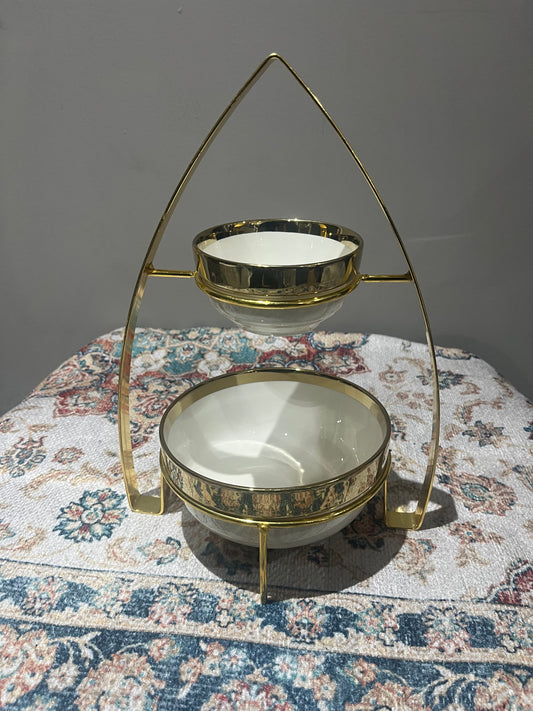 Présentoir Double Niveaux en Céramique et Métal Doré