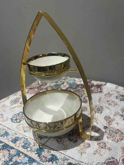 Présentoir Double Niveaux en Céramique et Métal Doré