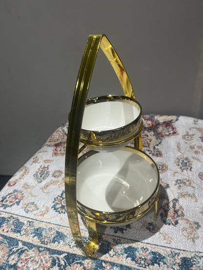 Présentoir Double Niveaux en Céramique et Métal Doré